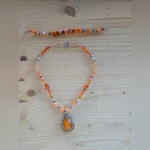 Orange and Silver Women's Necklace and Bracelet Set